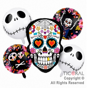 SET DE GLOBOS METALIZADO CALAVERA 5 UNIDADES